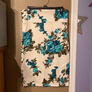 Agnes & Dora Pencil Skirt Aqua Blue Floral Cream Background